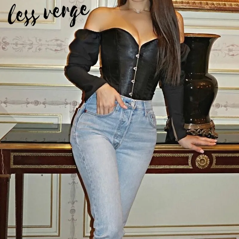 Lessverge, с открытыми плечами, с открытой спиной, на шнуровке, блузка, рубашка, для женщин, тонкие, сексуальные, вечерние, черный топ, Осень-зима, бандаж, Клубная сорочка, femme