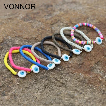

Women Bracelets 2020 Fashion Handmade Beaded Polymer Clay Natural Shell Lucky Eye Elastic Rope Bracelet Girl Jewelry Female