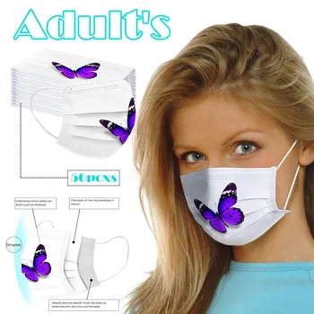 

50pc Adult Women Man Butterfly Printed Disposable Face Mask Industrial Three Layers Non-woven Ear Loop Dustproof Mask 2020
