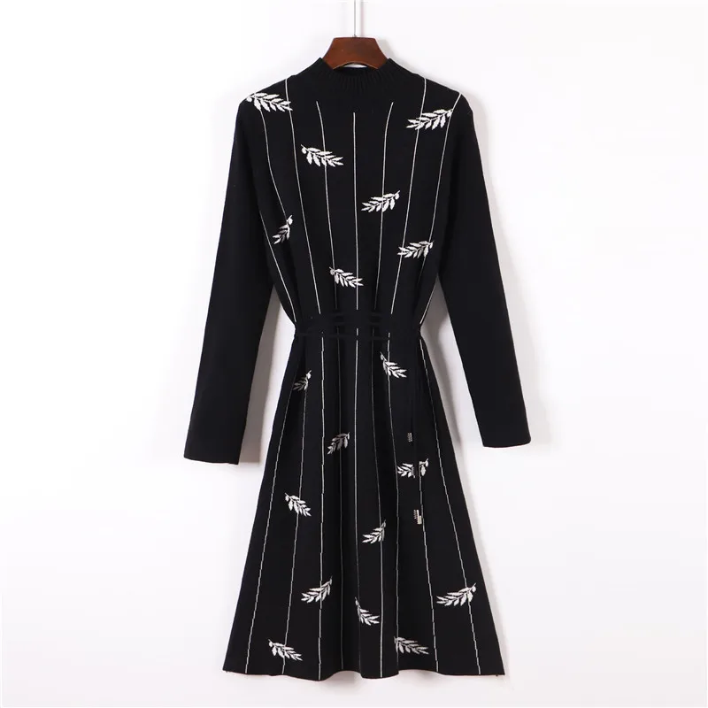 Женское платье-свитер с вышивкой с длинным рукавом зимнее плотное теплое ТРАПЕЦИЕВИДНОЕ ПЛАТЬЕ до середины икры винтажное черное платье на завязках AQX15 - Цвет: black