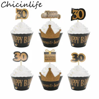 

Chicinlife 12Pcs 30th 40th 50th 60th Happy Birthday Cupcake Wrappers Anniversary Adult 30th Birthday Party Cupcake Topper Decor