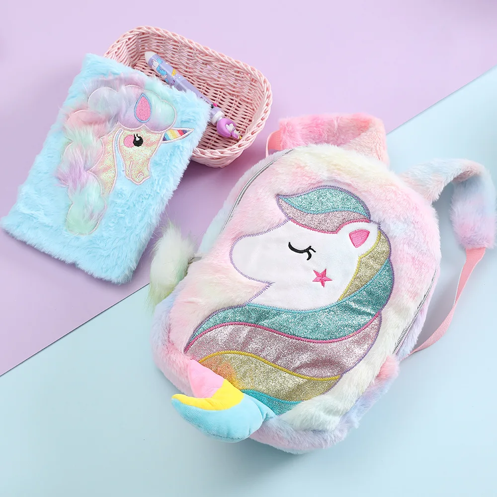 Unicorns Children Plush School Bag Girls Cartoon Rainbow Tail Backpack Kindergarten Winter Cute Schoolbag Kids Gift Book Bag