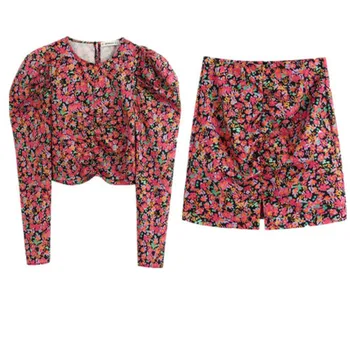 

Women's suit spring new style fashion puff sleeve printed short high waist top + mini skirt 2piece set women