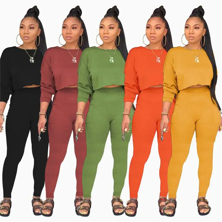 

LEOSOXS Best price women pants set round neck solid candy color crop top pocket high waist ladies pants 2 piece set women