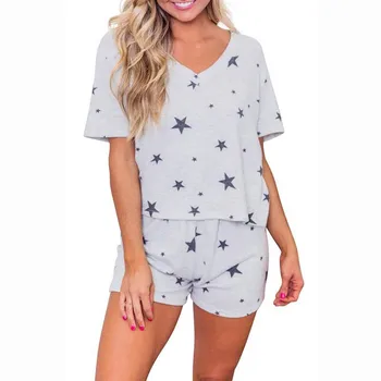 

pyjamas women fashion Women Stars Print Short Sleeve Pajama Set Night Lounge Top Short Sleepwear пижама женская Free Shipping D4