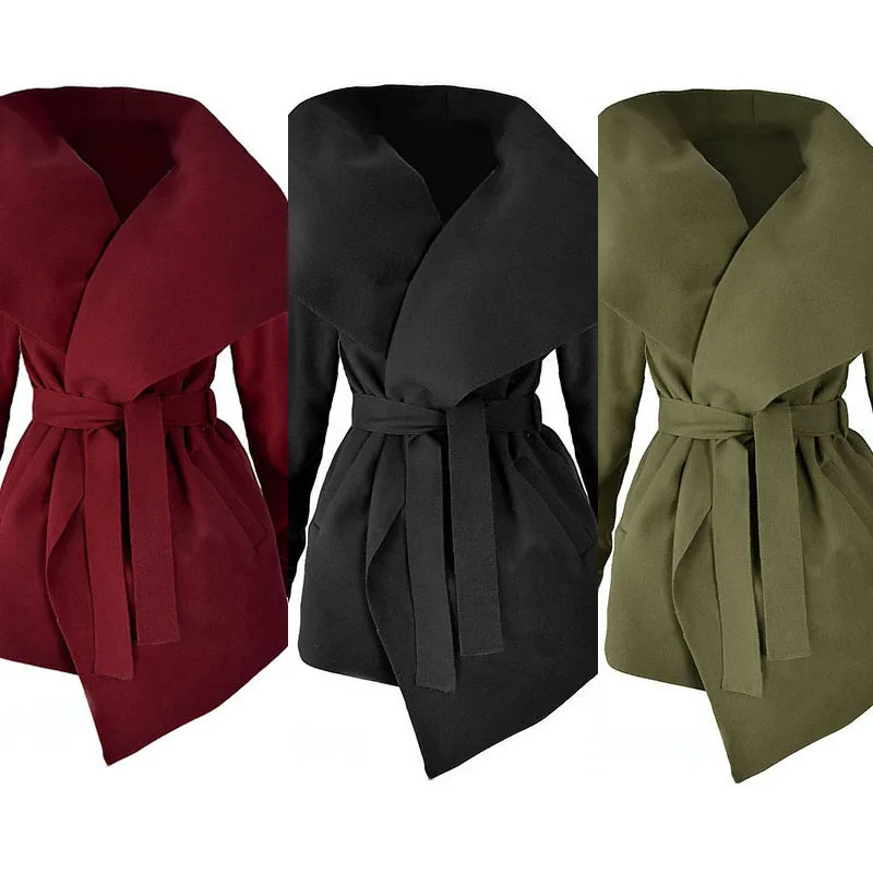 

a thick solid-colored lady's wool coat with turn-down collar loose and irregular winter coat for ladies