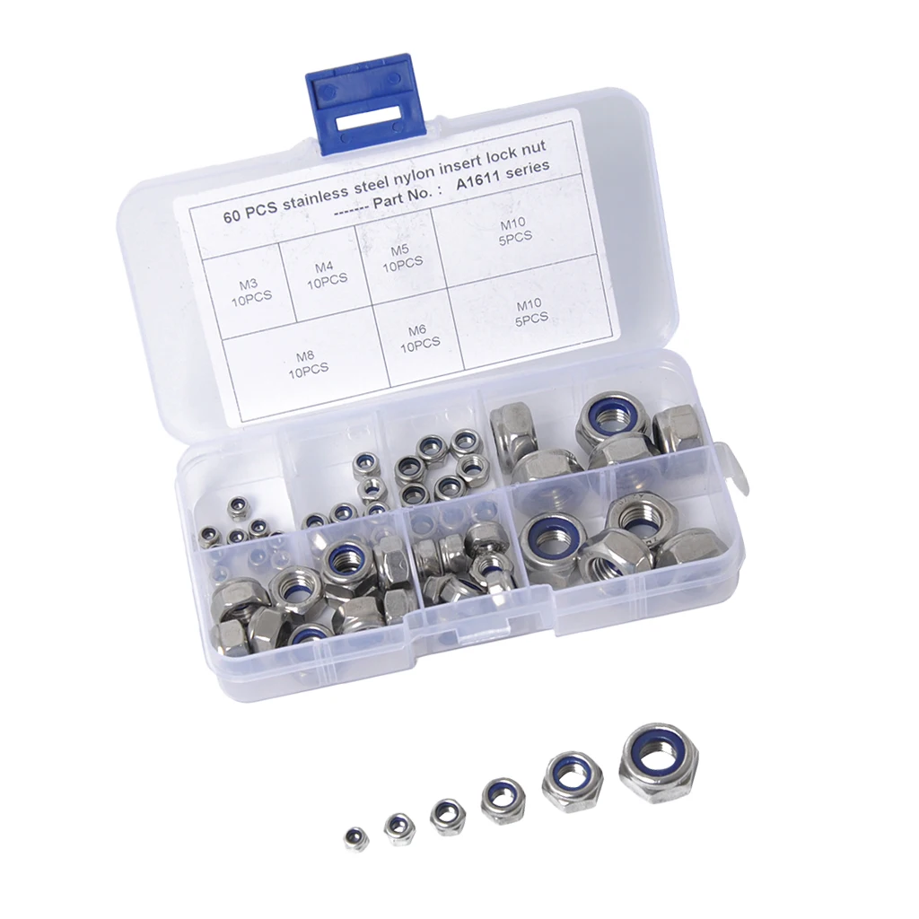 Набор из 60 M3 M4 M5 M6 M8 из нержавеющей стали M10 Nylock Insert Lock шестигранные гайки