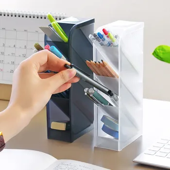 

Multi-function 4 Grid Desktop Pen Holder Office School Storage Case Clear White Black Plastic Box Desk Pen Pencil Organizer
