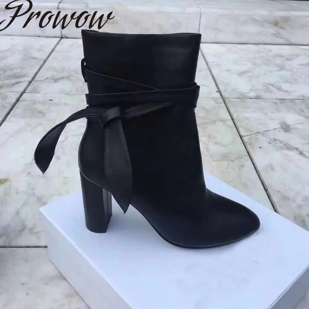 

Prowow New Genuine Leather Bowtie Ankle Boots Sexy Pointed Toe Thick Heel HIgh Heel Boots Shoes Women