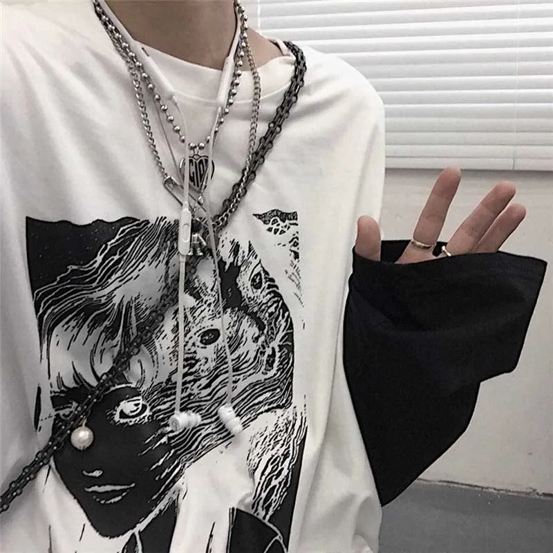 NiceMix Harajuku футболка женская поддельная 2 шт. принт японский Fujiang Horror Comics рубашка с длинными рукавами женская Vetement Femme
