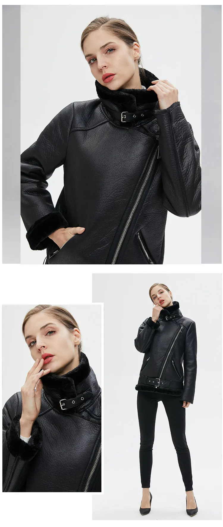 Women's Jacket Loose Pu Leather Winter Coat With Fur Collar Black_voghion.com
