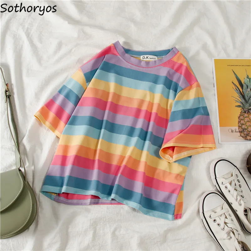 

T-shirts Women Loose Casual Summer Hot Sale T Shirt Womens Korean Style Simple Ulzzang Females Striped Clothes Chic Funny Tees