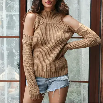 

Autumn Winter Turtleneck Off Shoulder Knitted Sweater sexy Women Solid Slim Plus Size Long Pullovers Knitting Jumper @8