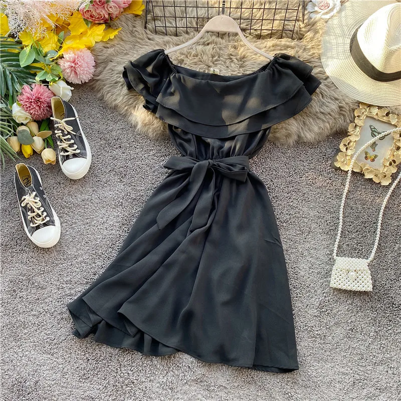 SINGRAIN Summer Women Off Shoulder Dress Bohemian Romantic Ruffle Sundress Party Holiday A-Line Retro Solid Chiffon Beach Dress
