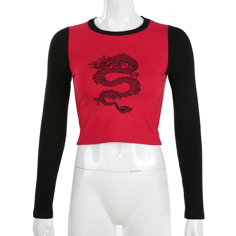 Осеннее китайское платье Стиль Дракон печатная уличная футболка Для женщин Bodycon футболки с принтом, пэчворк Базовая Детская футболка с длинным рукавом, на пуговицах, для девочек Топ