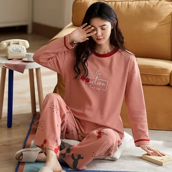 

BZEL Round Neck Women's Pajamas Cherry Printed Female Pyjamas 100% Cotton Soft Pijamas Simple Sweet Cute Nightwear Casual Nighty