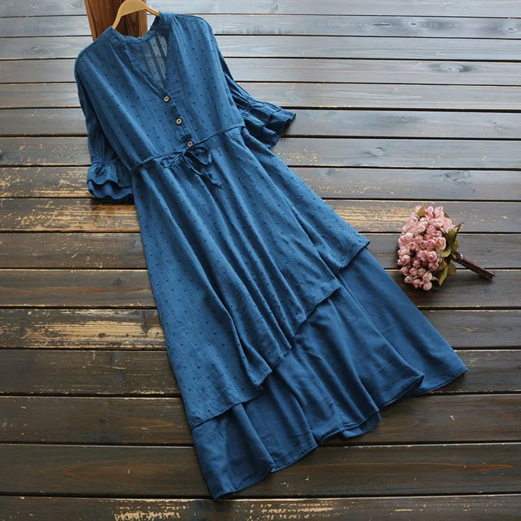 

5942 New Style Spring WOMEN'S Dress Smart V-neck Half-Placket Lace-up Waist Hugging Slimming Cotton Double Layer Hem Dress