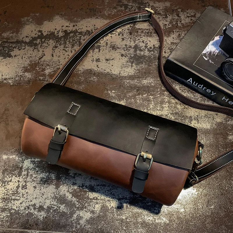 Fashion Men's Handbag Male  Barrel PU Leather Messenger Bags for Man Casual Business Vintage Crossbody Bags