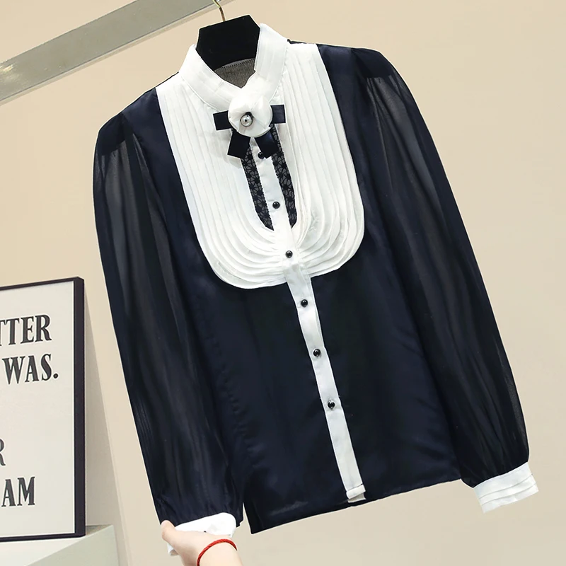 

Stand-up Collar Slim-Fit Bow Flower Chiffon Shirt Women's Shirts Ladies Temperament Blouse Spring Womens Tops and Blouses Blusas