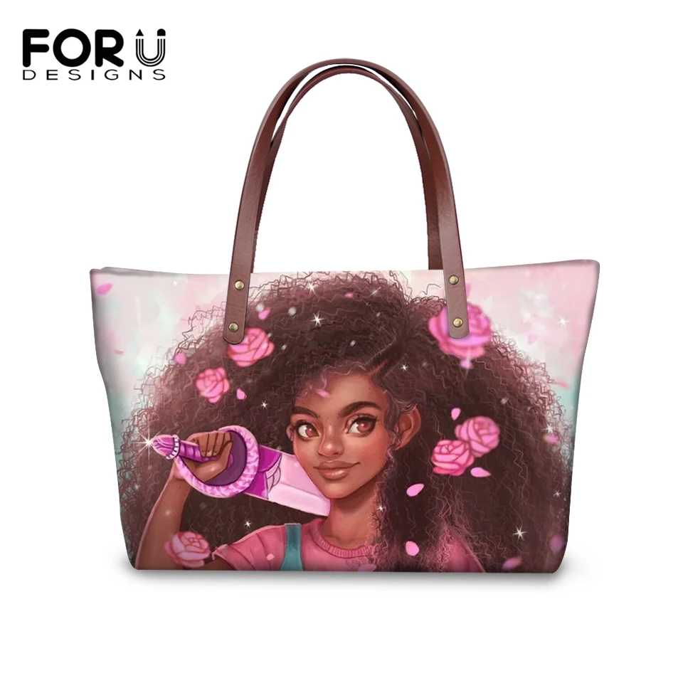 

FORUDESIGNS Fashion Women Totes Handbags Black African Girls Prints Pattern Shoulder Bags Afro Arts Girls Large Capacity Bags