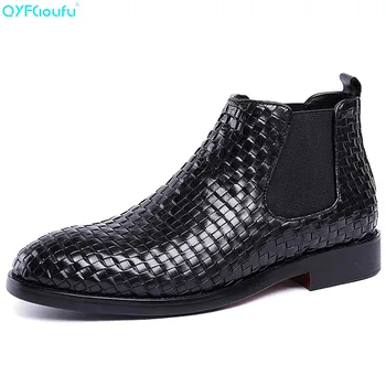 

QYFCIOUFU New Brand Handmade Chelsea Boots Men's Genuine Leather Dress Boots Shoes Luxury Male Vintage Weaving Ankle Boots