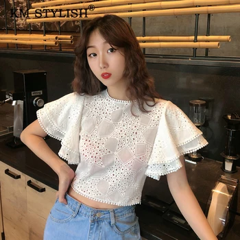 

2019 New Women's Fashion O-neck Blouse White Lace Hollow Out Sexy Top Embroidery Flare-Sleeve Shirt