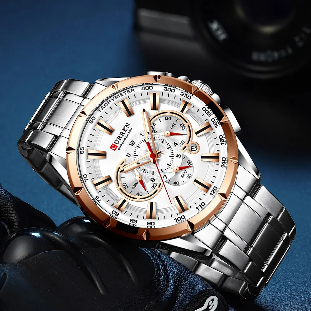 Men New CURREN Casual Sport Chronograph Men's Watch Stainless Steel Band Wristwatch Big Dial Quartz Clock With Luminous Pointers_voghion.com