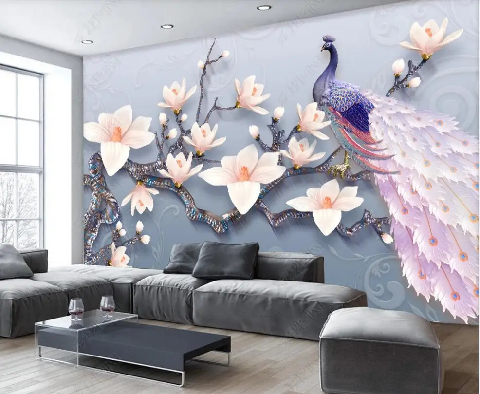 

Custom mural 3d photo wallpaper Relief magnolia flower peacock home decor living room 3d wall murals wallpaper for walls 3 d