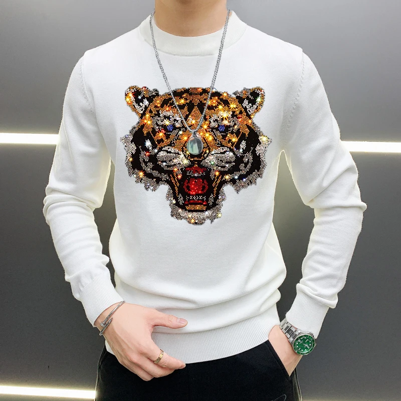 New Men Luxury Diamond Tiger Rhinestones Fashion Knitted Black White Sweater