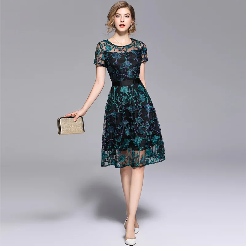 

Europe And America WOMEN'S Dress Industrial Embroided Dress Short Skirt Lace Mesh Skirt 2018 Summer Slimming Floral Dress