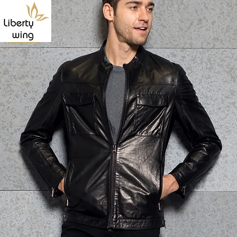 

Top Brand Men Stand Collar Motorcycle Outwear Jacket Luxury Genuine Leather Pockets Punk Coats Slim Fit Business Casual Jackets