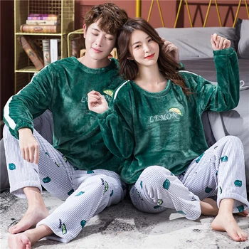 

Winter New Long Sleeve Women Pajamas Set Warm Lemon Embroidery Flannel Pajama Couple Coral Velvet Sleep Wear Pyjamas 2Piece Set