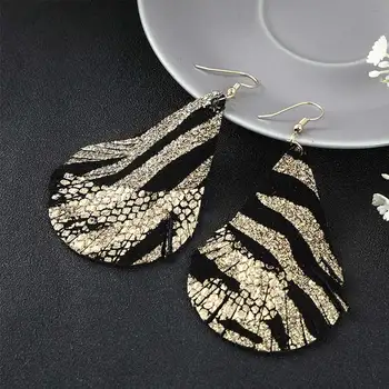 

E7720 ZWPON Gold Color Glitter Zebra Genuine Leather Teardrop Earrings for Women Silver Color Shiny Laser Snakeskin Earrings