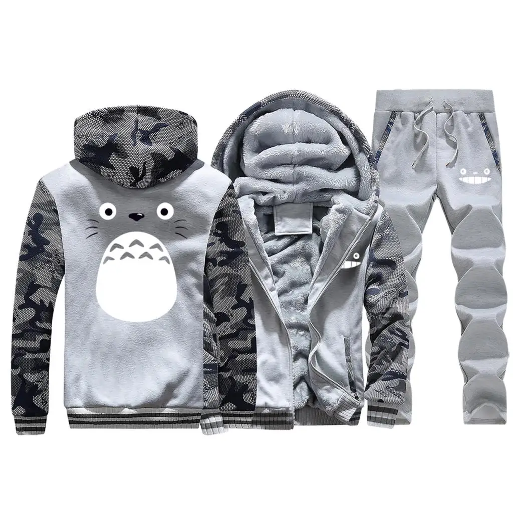 Light Gray Хаяо Миядзаки мультфильм Унесенные призраками Тоторо для мужчин толстые толстовки теплый костюм куртка+ брюки 2 шт. наборы Studio Ghibli мужчин s Толстовка - Цвет: Light Gray
