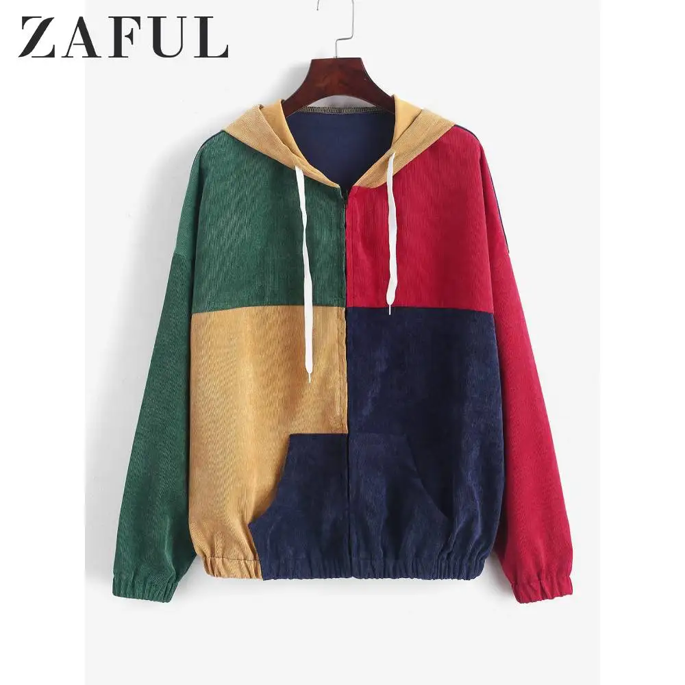 Женская Вельветовая куртка ZAFUL на молнии с карманами спереди широкой талией