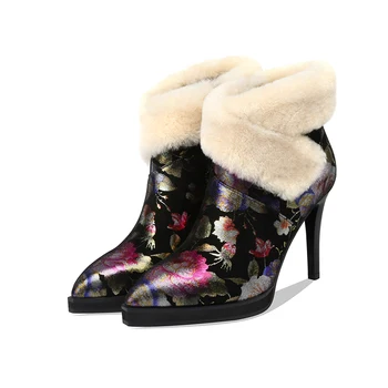 

2020 New winter high heel shoes women's ankle boots keep warm kid suede plush snow boots women's shoes bottes femme