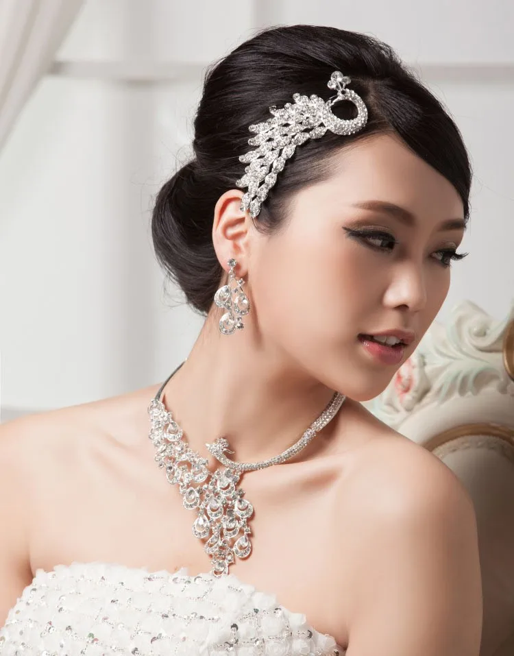 Luxury Gold Rhinestone Peacock Bridal Jewelry Sets Silver Plated Crystal Statement Necklace Earrings Sets Wedding Jewelry Set