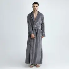 Мужской зимний плюшевый удлиненный халат, утепленный бархатный халат, Пижама, одежда для сна, карманный пояс, пеньюар мужской