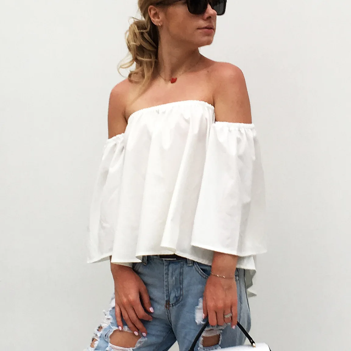 

Women's Clothing Chiffon Blouse Sexy Chest Wrapped One Word Collar Exposed Shoulder Loose Seven-point Sleeved Chiffon Shirt