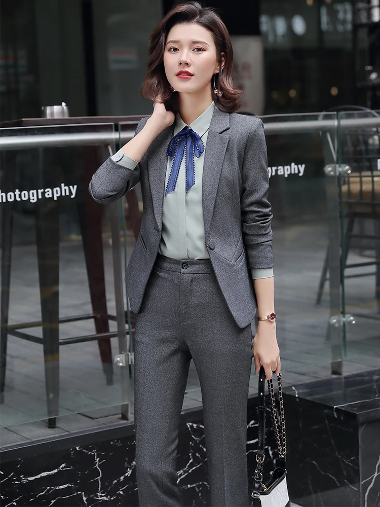 Office Lady 3 Piece Set Women Formal Work Wear Pant Suit Uniform Designs Single Button Black Gray Blazer Jacket Vest and Pant