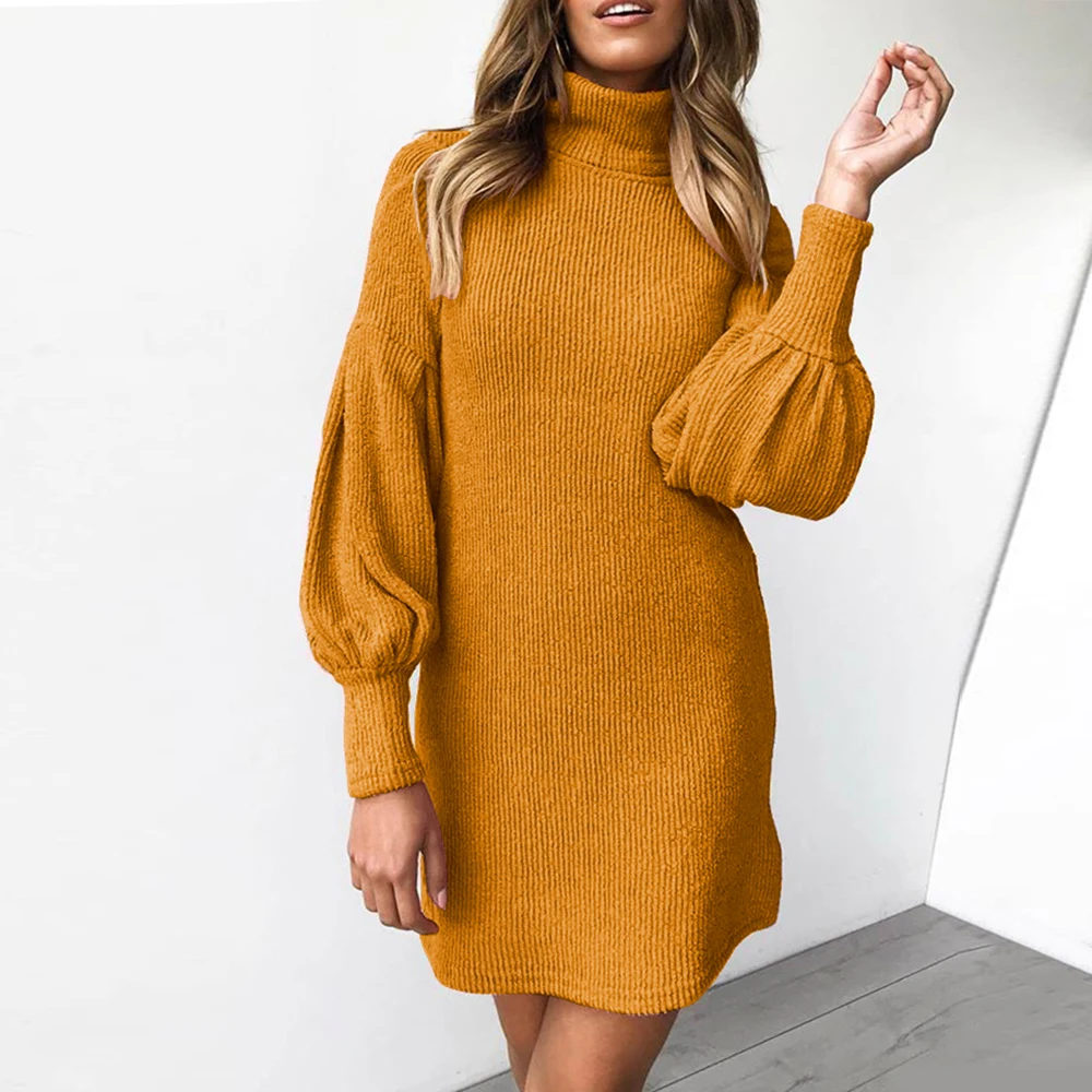 

Women Sweater Knitted Dress 2019 Autumn Winter Turtleneck Dresses Slim Puff Sleeve Mini Dress Ladies Knit Dresses Vestidos D30