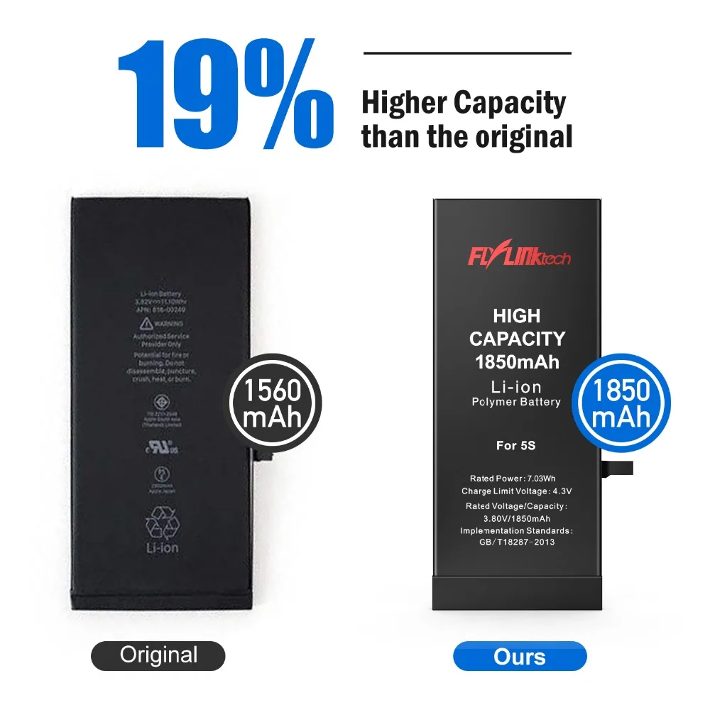Flylinktech для iPhone 5 5S, аккумулятор, 1850 мА/ч, высокая емкость, сменные батареи для iPhone 5S, с бесплатными инструментами для ремонта