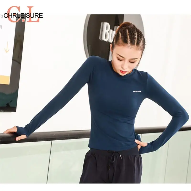 CHRLEISURE футболка с длинным рукавом для женщин эластичная тонкая сексуальная футболка спортивный топ для бега женские футболки женская одежда