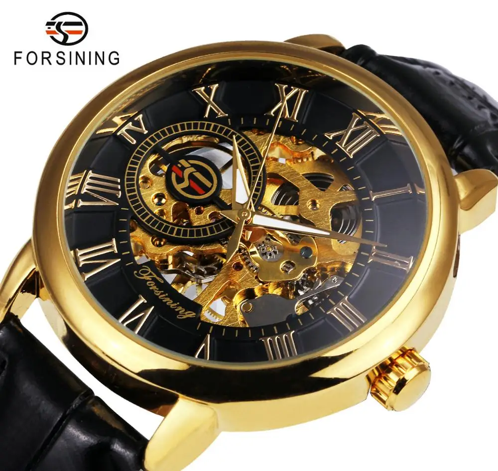FORSINING 3D Logo Black Gold Men Skeleton Mechanical Watch Man Watches Top Brand Luxury Leather WINNER Design Montre Homme 2020 afbeelding