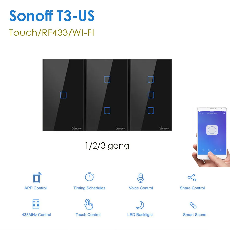 Itead Sonoff T3 нам 1/2/3 Смарт настенный выключатель света с каймой, сенсорный экран/RF433/Wi-Fi, Управление, работает с Amazon Alexa Google Home, 120 Размеры