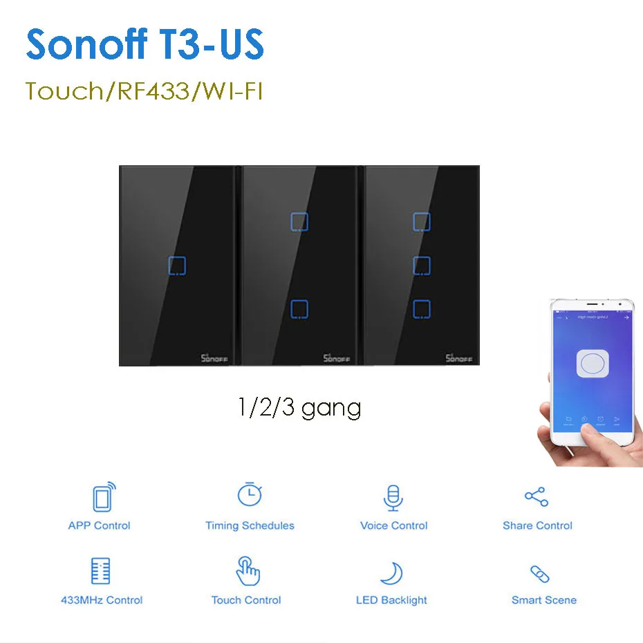 Itead Sonoff T3 US 1 2 3 gang Smart Wall Light Switch with Border,Touch RF433 wifi Control,Works With Alexa Google Home,120 Size