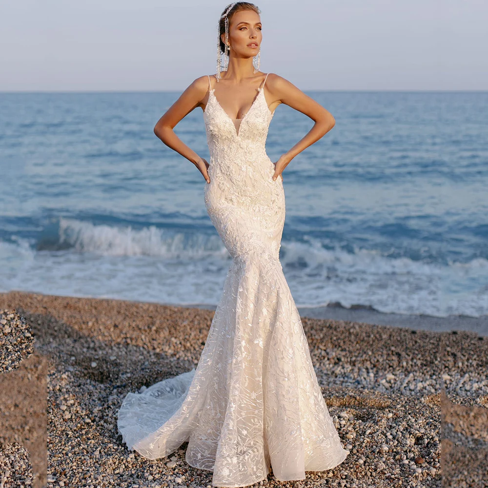 Detachable Train Appliques Mermaid Wedding Dresses 2021 Spaghetti Strap Lace Flowers Backless Beach Bohemia Trumpet Bride Gowns | Свадьбы и