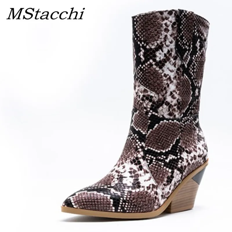 

MStacchi New Brand Design Women's Mid Calf Boots Women Slip-On Snake High Heels Shoes Female Chunky Heels Boots Chaussures Femme