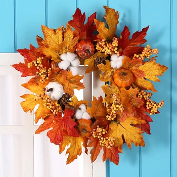 

45cm Artificial Pumpkin Wreath Autumn Harvest Maple Leaf Garland Christmas Halloween Thanksgiving Decoration Party Supplies
