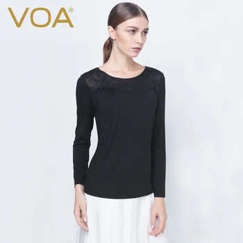 

VOA silk knitted double-sided flat grain high elastic round collar spliced lace long sleeves with a black T-shirt bottom B5209